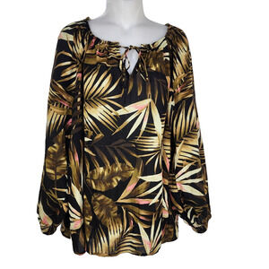 Old Navy Blouse XL Peasant Black Tropical Palms Leaf Tie V Neck 3/4 Sleeves Boho